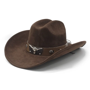 Vintage dark brown suede cowboy hat with a metallic bull head buckle on a leather band