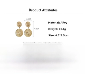 Detail view of vintage golden lion coin earrings showing 6.5x3.5cm size and 41.4g weight