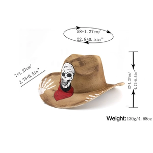 Brown cowboy hat with skull pattern and size specifications in inches and grams