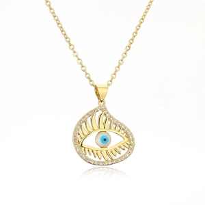 18K gold plated necklace featuring a teardrop evil eye pendant with CZ diamonds and blue enamel