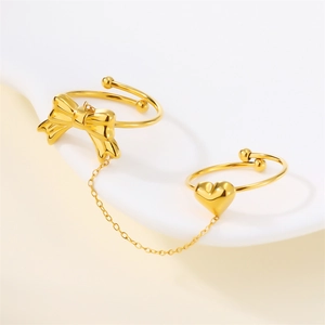 18k gold plated stainless steel double ring set with bow heart charms and chain
