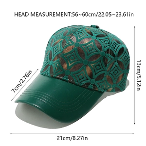 Detailed size guide for vintage geometric leather baseball cap with bronze pattern