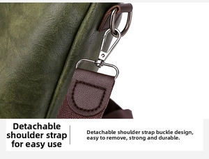 Close-up of detachable brown strap with silver metal hook on green vintage PU backpack