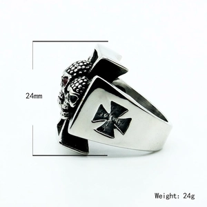Men's gothic 316L stainless steel skull ring with iron cross detail, weight 24g