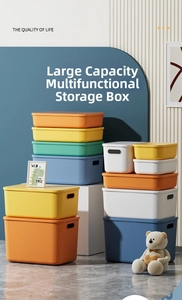 Stackable plastic storage bins with lids and handles in various sizes and colors