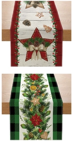 Detail of Christmas table runners with festive pine cones and poinsettia wreath patterns