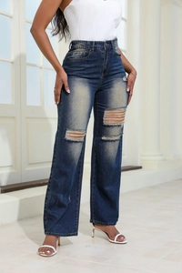 Women's high waist ripped straight leg jeans in deep blue denim with distressed details