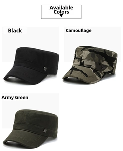 Casquettes militaires plates en noir, camouflage et vert armée avec logo métallique