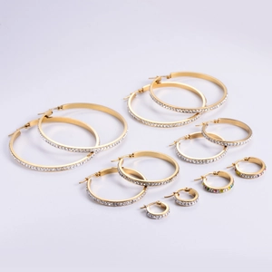 Set of gold-plated stainless steel hoop earrings with white and colorful cubic zirconia