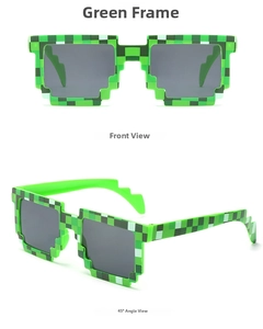 Detail view of 8-bit pixel style party sunglasses with green mosaic patterned frames