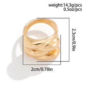Technical size view of a chunky triple-layered gold-plated metal ring showing dimensions