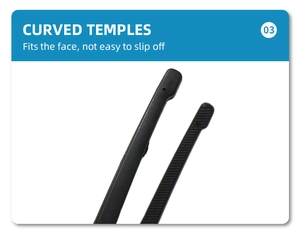 Detailed view of black curved temples with ergonomic non-slip design for sports sunglasses