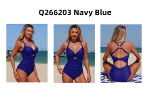 Detail view of navy blue one-piece swimsuit with V-neck knot design and cut-out front