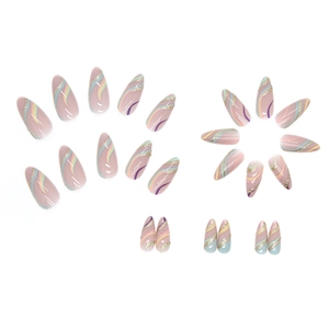 Pink almond press-on nails set with colorful wave patterns and gold glitter accents