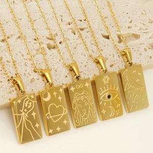 Tarot Card Necklace Rectangular Pendant 18K Gold Plated Stainless Steel Astrology Moon Sun Eye Jewelry For Women Men