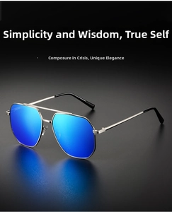 Close-up of aviator sunglasses with silver metal frame and blue mirrored lenses