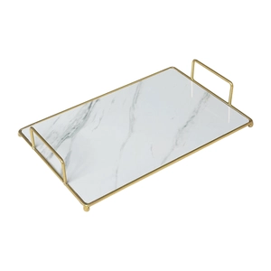 Rectangle marble tray with golden metal frame and handles for bathroom storage