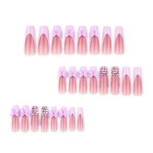 Pink gradient long coffin press-on nails with purple bows and rhinestones