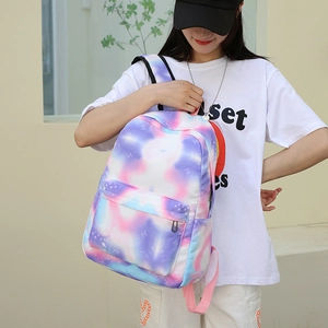Three-piece casual tie-dye backpack set for students featuring purple starry sky print