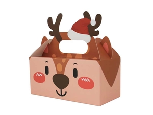 Detail of square reindeer gift box with 3D antlers and festive Christmas hat handle
