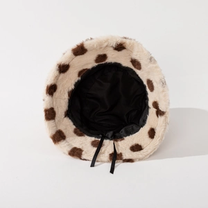 Cappello da pescatore in peluche a pois crema e marrone con cordino regolabile