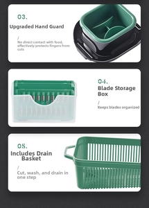 Detail of green vegetable slicer accessories including hand guard and drainage basket