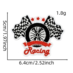 Racing theme embroidery patch with checkered flag and star motifs, 6.4x5cm size