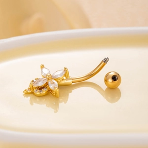Gold stainless steel navel ring with flower zircon pendant in a split disassembly view
