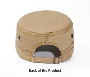 Detail of khaki cotton cadet cap with adjustable metal buckle and breathable rivets