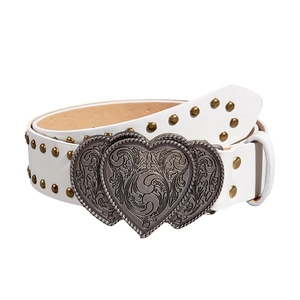 White faux leather belt for women featuring a double heart buckle and gold stud details