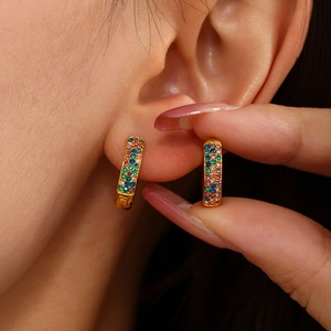 Gold stainless steel hoop earrings with colorful turquoise and zircon stones