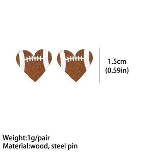 Orecchini a cuore in legno football americano con glitter marroni e perni in acciaio