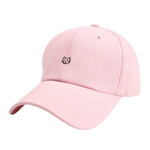 Pink cotton baseball cap with cute cat face embroidery and a classic curved brim