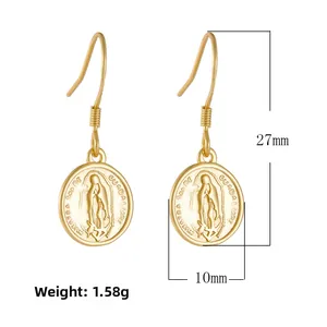 Macro detail of gold-plated 925 silver Virgin Mary coin earrings showing 27mm length
