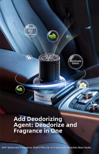 Car aromatherapy diffuser in cup holder with black grille lid and clear glass bottle
