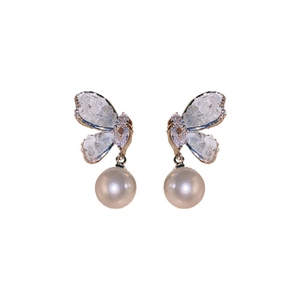 Elegant silver butterfly earrings with dangling pearls and zircon accents on white background