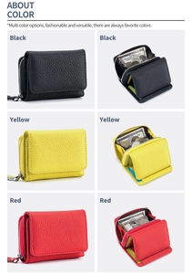 Detailed internal compartments of leather tri-fold RFID wallets in multiple colors