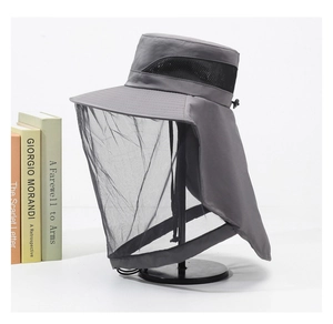 Detail view of the fine mosquito mesh and grey outdoor sun protection hat fabric