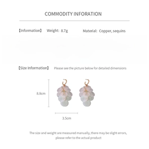 Detailed size and material information for sequined tassel earrings on white background