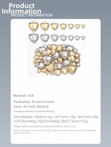 Detailed size comparison chart for heart-shaped CCB metallic jewelry pendants