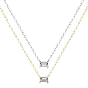 925 Sterling Silver Necklace With Rectangle Emerald Cut Cubic Zirconia Pendant Elegant Minimalist Clavicle Chain For Women