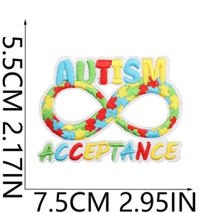 Macro shot of autism acceptance infinity symbol patch with size measurement markings
