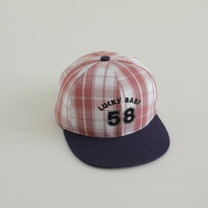 Detail of red and white checkered kids baseball cap with Lucky Baby 58 embroidery