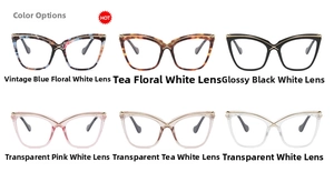 Detailed catalog of cat eye eyeglass frames in six diverse colors and vintage patterns