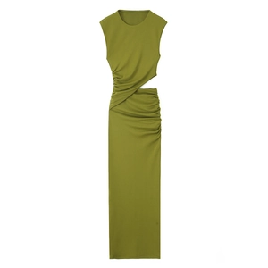 Abito Maxi Senza Maniche Verde Oliva Poliestere Ritaglio Vita Arricciato Vestibilità Aderente Girocollo Casual