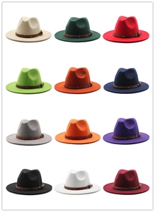 Grid display of wide brim wool fedora hats in twelve various colors with leather bands