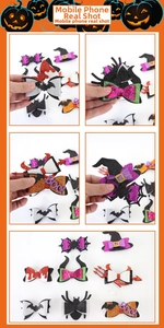 Detailed view of Halloween hair clips featuring glitter bows, bats, and ghost patterns