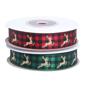 Christmas plaid ribbon set with gold reindeer patterns in red and green fabric