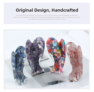 Detailed view of handmade resin angel figurines filled with natural crystal gemstones
