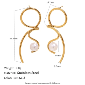 18K gold plated stainless steel knot earrings with 9.6mm white pearl on white background